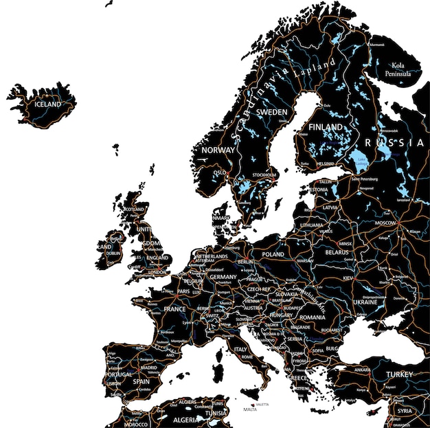 Вектор Высокодетализированная дорожная карта европы с маркировкой blackclearly помечена на отдельных слоях