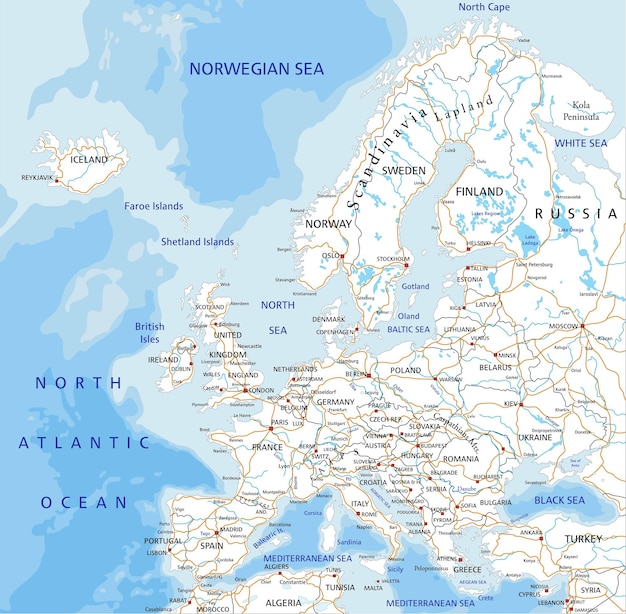 Vector high detailed europe road map with labeling