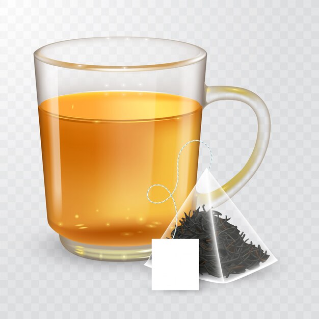 Vector high detailed  illustration of transparent cup with black or green tea isolated on transparent background. pyramidal tea bag with label. realistic style