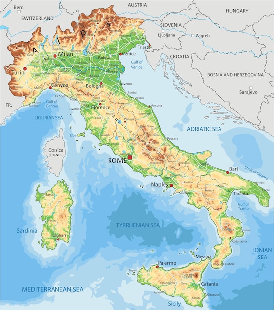 ラベル付きの高詳細なイタリア物理地図