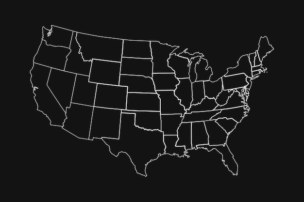 ベクトル 黒の背景に州の境界線を持つ米国の高詳細な地図