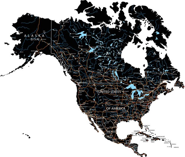 Вектор Высокодетализированная дорожная карта северной америки с четкой маркировкой черного цвета на отдельных слоях.