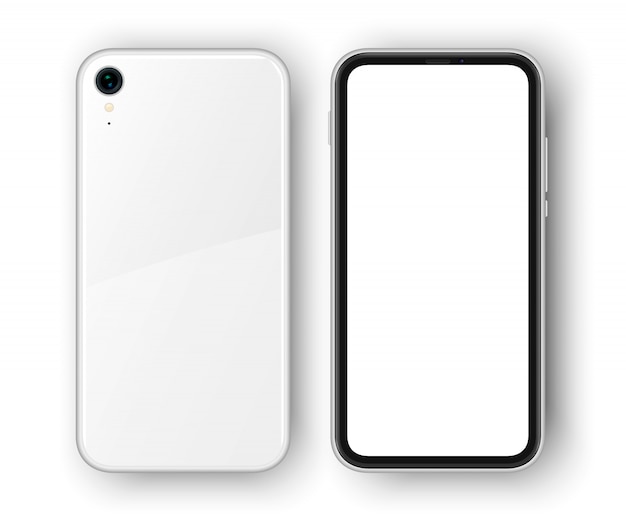 高詳細な現実的なスマートフォン。携帯電話が分離されました。背景に影を持つ現実的なフレームレス電話の背面と前面。