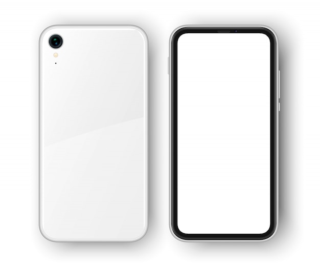 Smartphone realistico altamente dettagliato. cellulare isolato. i lati anteriore e posteriore del realistico telefono senza cornice con ombra sullo sfondo.