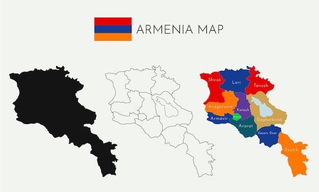벡터 아르메니아의 높은 상세한 벡터 지도. 지방의 국경과 이름.