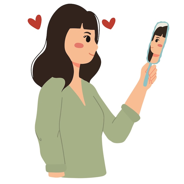 거울 자기 사랑 개념 삽화를 보고 있는 존경받는 여성