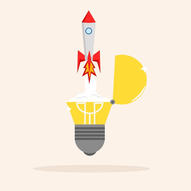 high flying innovative rocket launch from bright light bulb idea. entrepreneurship or startup