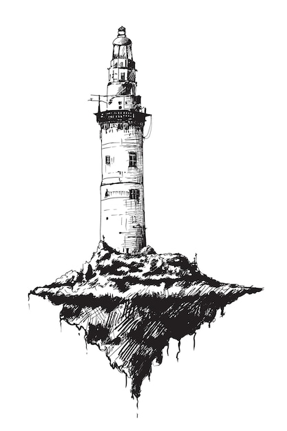돌섬 위에 높은 등대탑이 하늘을 난다. 판타지 스토리의 프리핸드 스케치.