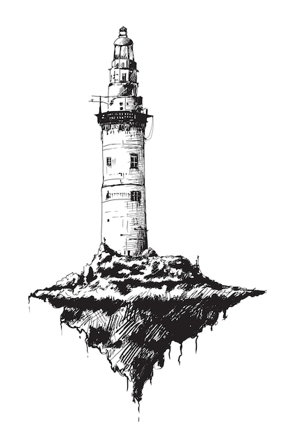 A high lighthouse tower on a stone island flies in the air. freehand sketch of a fantasy story.