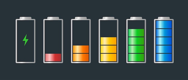 Vector high to low power batteri charged energy indicator level set with recharging icon empty to full