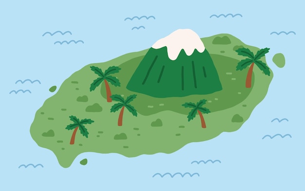向量高山顶峰在远程和棕榈树岛。在韩国济州岛做地标。土地和hallasan在海水中。jejudo景观。平面向量的哈拉火山山