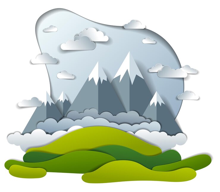 Vector high mountain peaks range scenic landscape of summer with clouds in the sky, paper cut style childish illustration, holidays, travel and tourism theme.