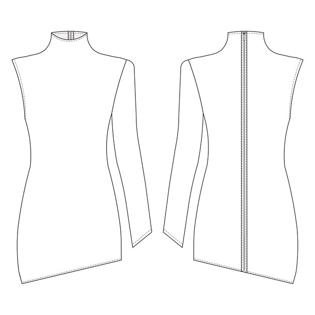 Vettore modello di mini-abito a manica alta a maniche lunghe a manica asimmetrica a cerniera retta disegno tecnico