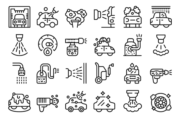 High pressure washer icons set outline vector car wash