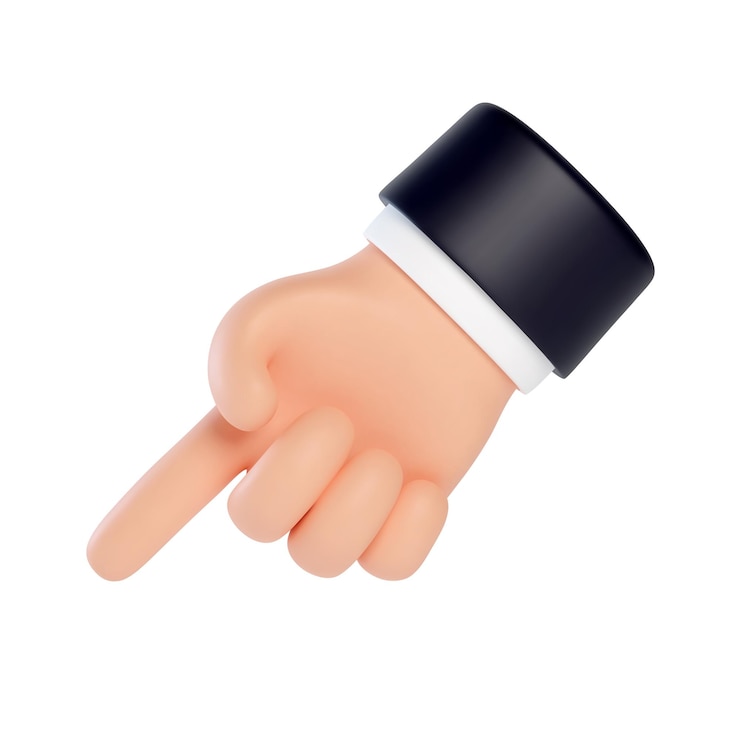 Vector high quality 3d business hand gestures 3d hand point finger down to bottom left corner