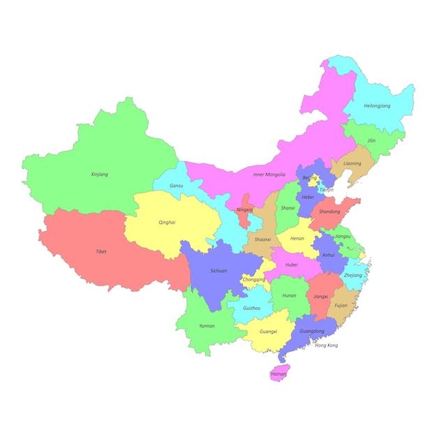 Vector high quality labeled map of china with borders of the regions