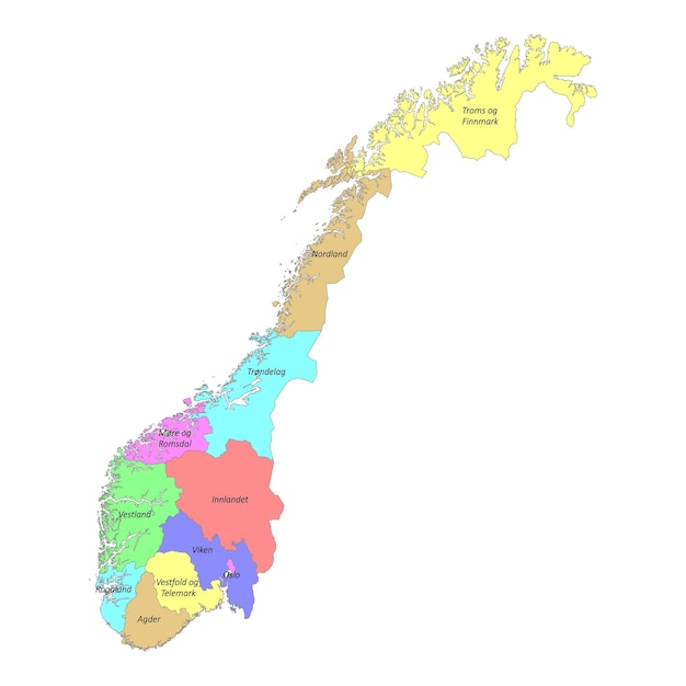 Mappa della norvegia con etichetta di alta qualità con i confini delle regioni