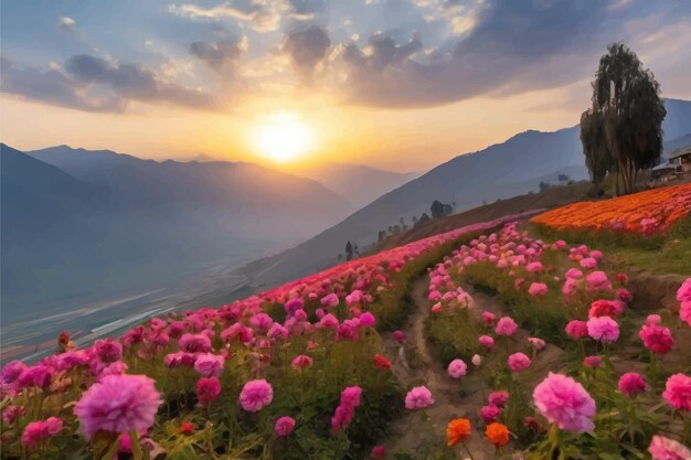 Высококачественные фотографии цветочных полей и точки зрения на восход солнца в Кашмире в Индии