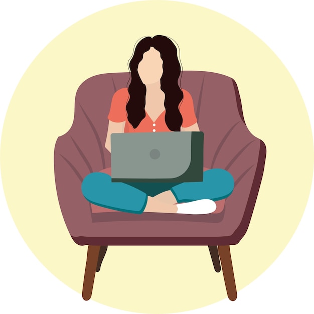 High quality vector image The girl is working on a laptop Home office