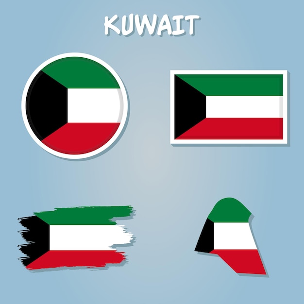 詳細なアウトライン マップに重ねられたクウェートの国旗フラグと高解像度クウェート マップ