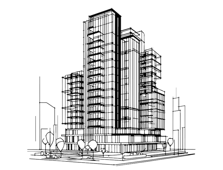 Vector high rise building sketch line art