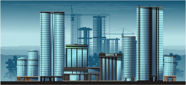 Vector high-rise glass houses, residential buildings, cafes, school. .