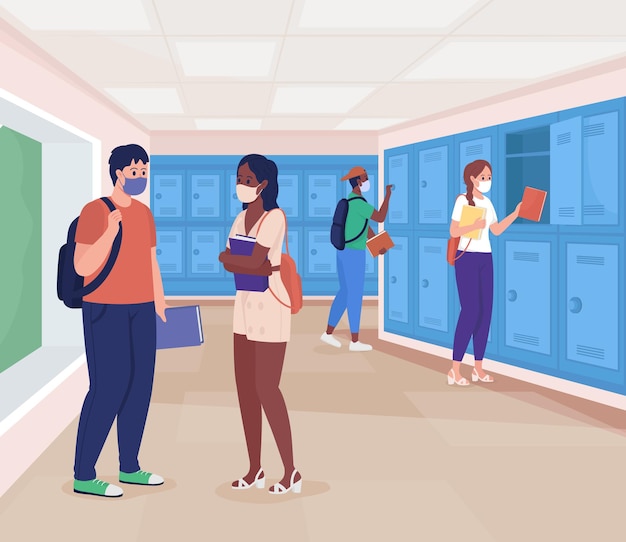 High school hallway flat color vector illustration