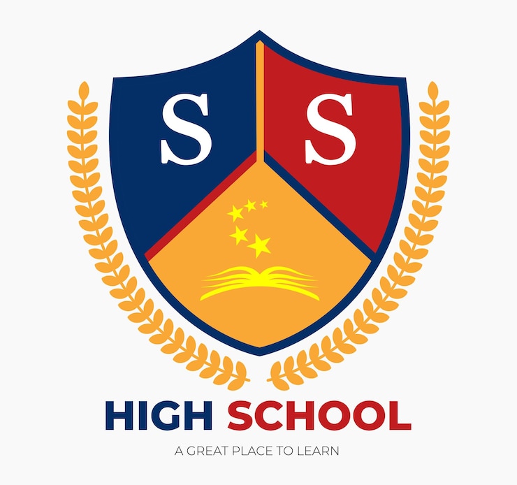 A high school logo with a book on top