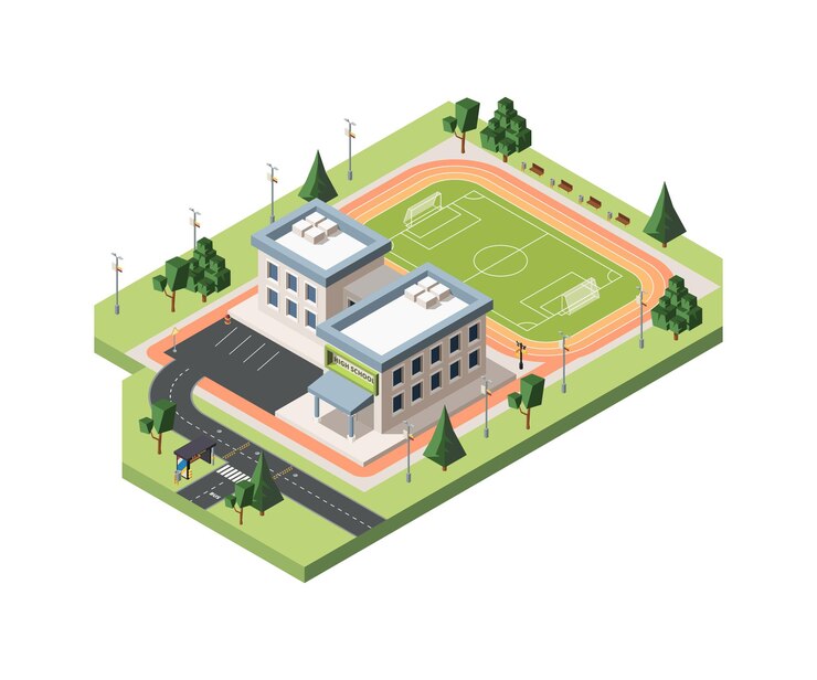 High school soccer field isometric illustration