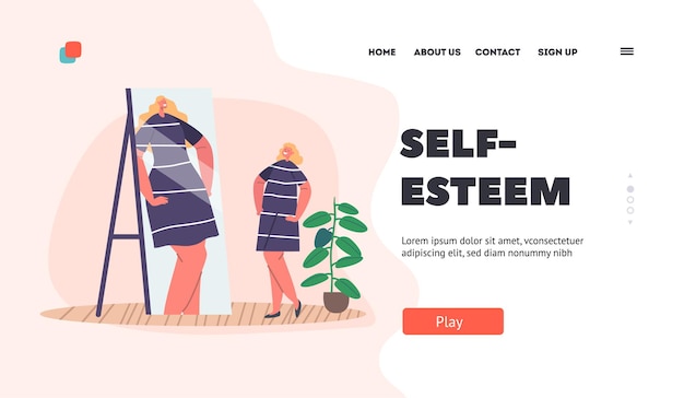 Vector high selfesteem inadequate perception landing page template confident woman character with distorted selfperception