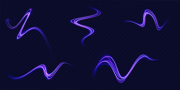 Effetto ad alta velocità motion blur luci notturne blu e rosse magiche tracce di linee di luce al neon brillante sfondo luminoso viola linee di cavi di impulso di ricciolo di onde luminose viola esposizione a lungo termine vector