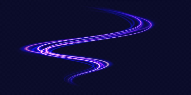 Effetto ad alta velocità motion blur luci notturne blu e rosse magiche tracce di linee di luce al neon brillante sfondo luminoso viola linee di cavi di impulso di ricciolo di onde luminose viola esposizione a lungo termine vector