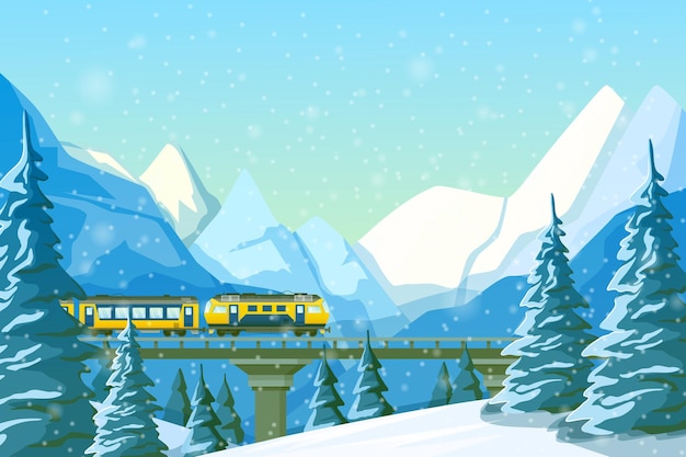 High-speed train traveling by rail, on bridge, among mountains, snow-covered hills, winter forest pines