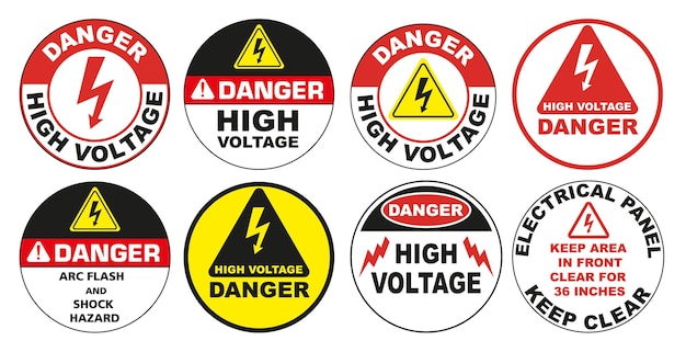 Знак высокого напряжения Круглые различные знаки опасности поражения электрическим током Векторная иллюстрация