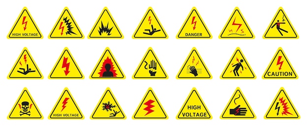 High voltage sign Triangular yellow electrical hazard signs Vector illustration