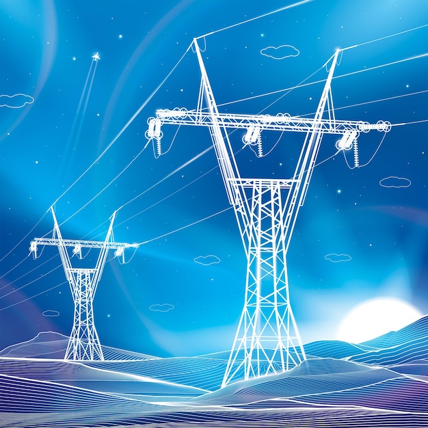 High voltage transmission systems. Electric pole. Neon glow. Night landscape. Power lines