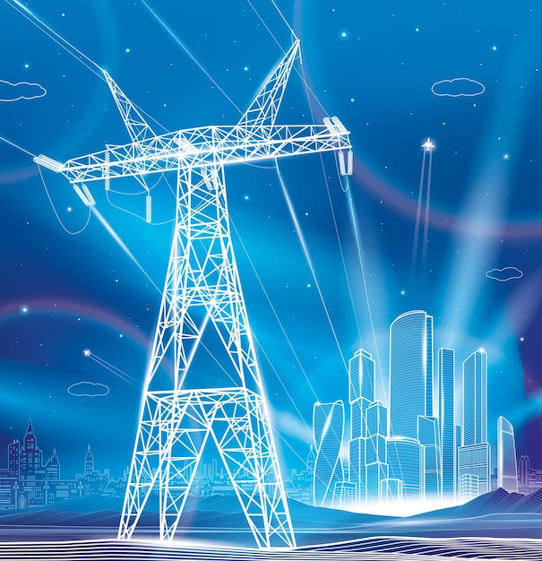 Vector high voltage transmission systems power lines night illumination city neon glow landscape busine