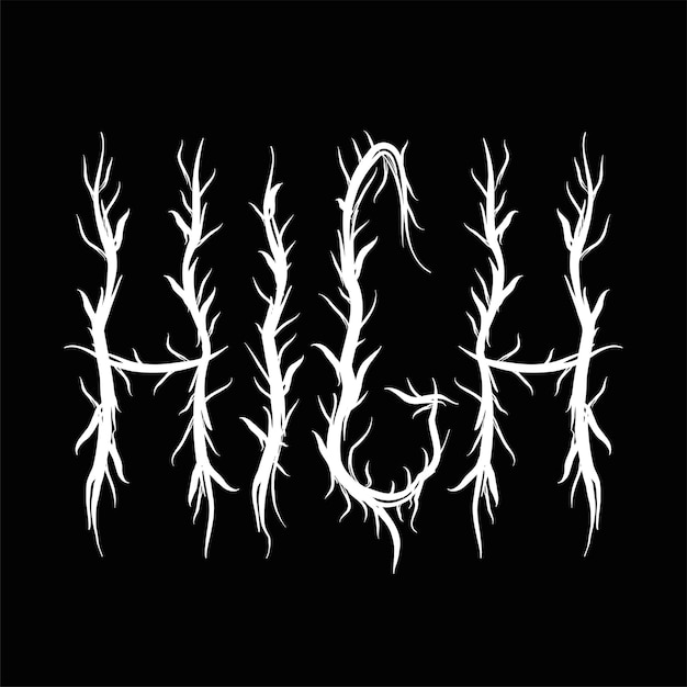 Высокое словомодные буквы в стиле блэк-металВекторная рисованная иллюстрацияHightrippy letters acid fashionпринт в стиле блэк-метал для футболкиконцепция плаката