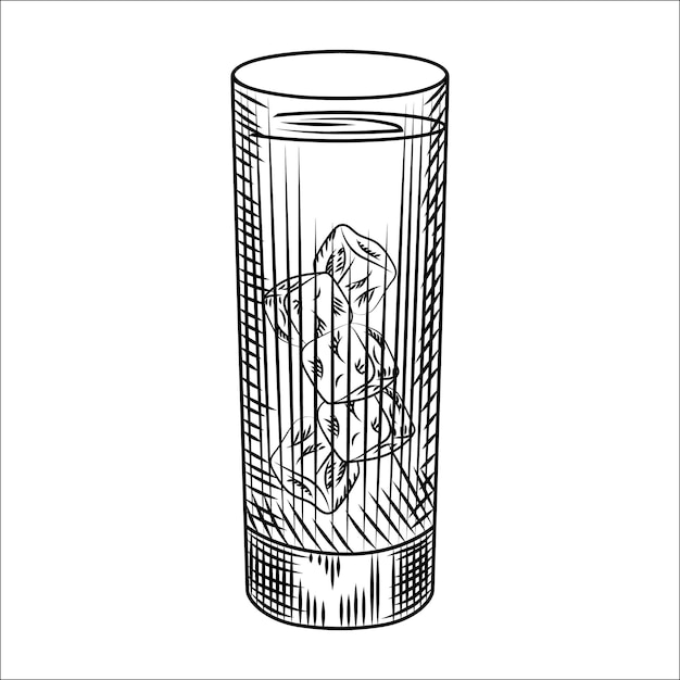 Highball glas ijswater. glas limonade en ijsblokjes. gravure stijl vectorillustratie. voor barmenu, kaarten, posters, prints, verpakkingen.