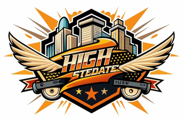 高エネルギースケートボードのロゴと都市的な要素