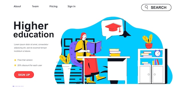 Vector higher education concept for landing page template student reads book prepares for graduate exams study at university people scene vector illustration with flat character design for web banner