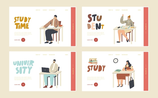 Higher education, people gain knowledge landing page template set. students sit at desks visit lecture in university. characters learning, communicating, boring on seminar. linear vector illustration