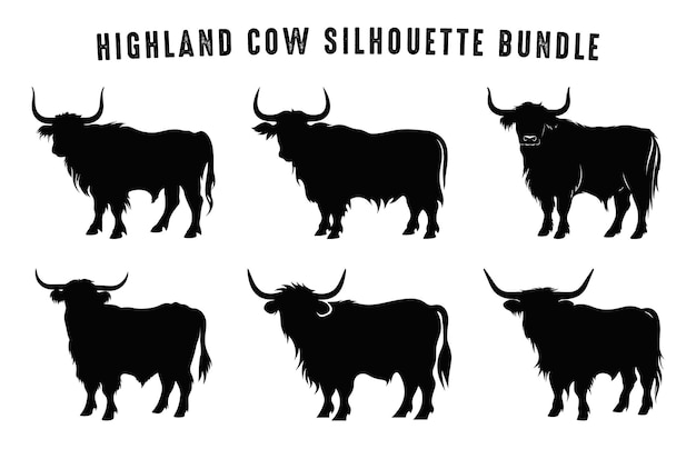 Highland cattle silhouette vector bundle highland cow black silhouettes set