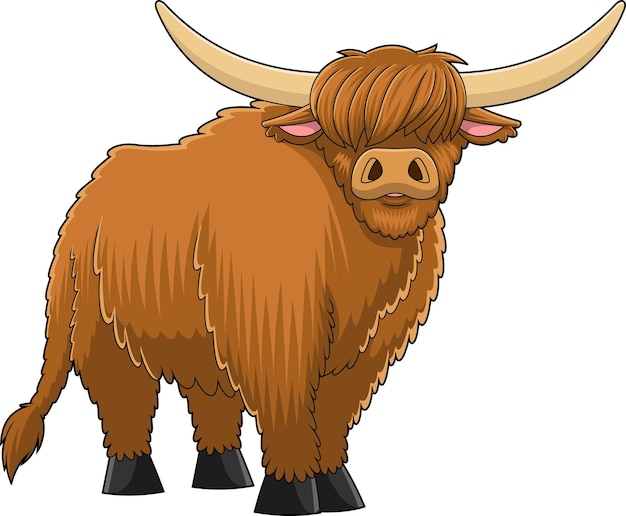 Highland Cow Animal Cartoon Character Vector Hand Drawn Illustration