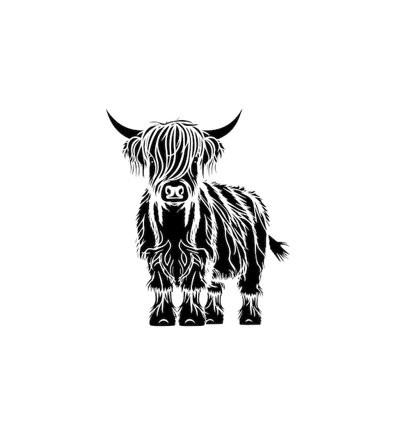 Highland cow black and white vector illustration