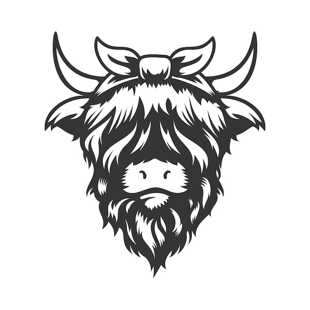 Highland cow cute bow head design with ribbon hairband Farm Animal Cows logos or icons vector illustration