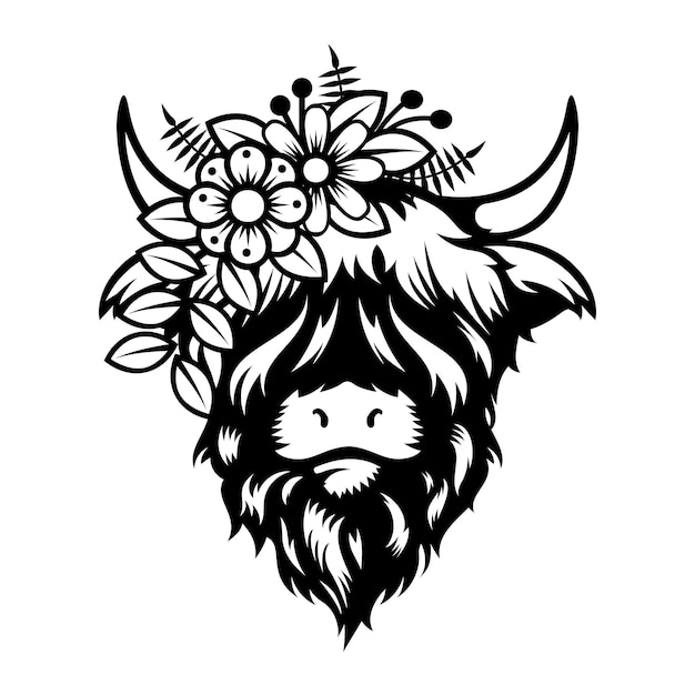 Highland cow Lady hoofd ontwerp op witte achtergrond. Boerderijdier. Koeien logo's of pictogrammen. vectorillustratie.