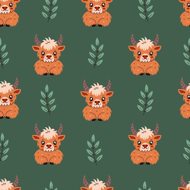 Highland cow and twig seamless pattern