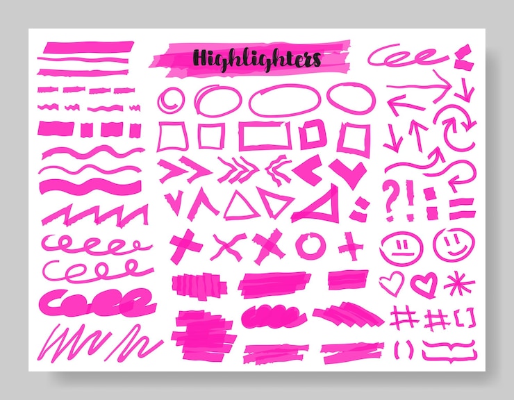 Vector highlight brush lines shapes elements big set of hand draw isolated vector objects on white