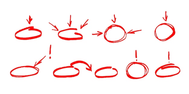 Set di cerchi di evidenziazione ovali di frecce di doodle disegnato a mano schizzo di marcatore evidenziando il testo importante